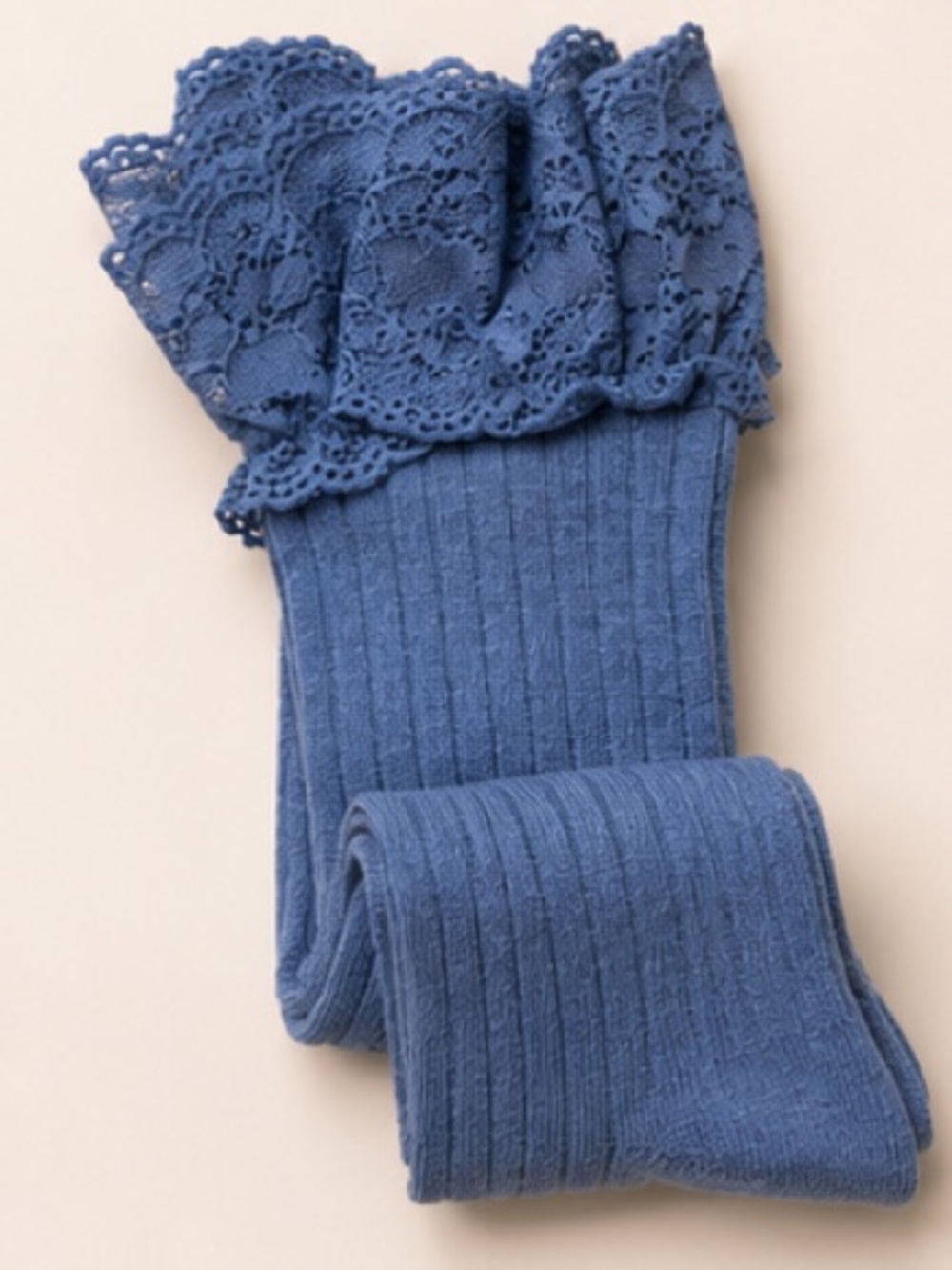 Ribbed Knee-High Socks with Lace Cuff for Women Denim Blue NWT - Picture 3 of 5